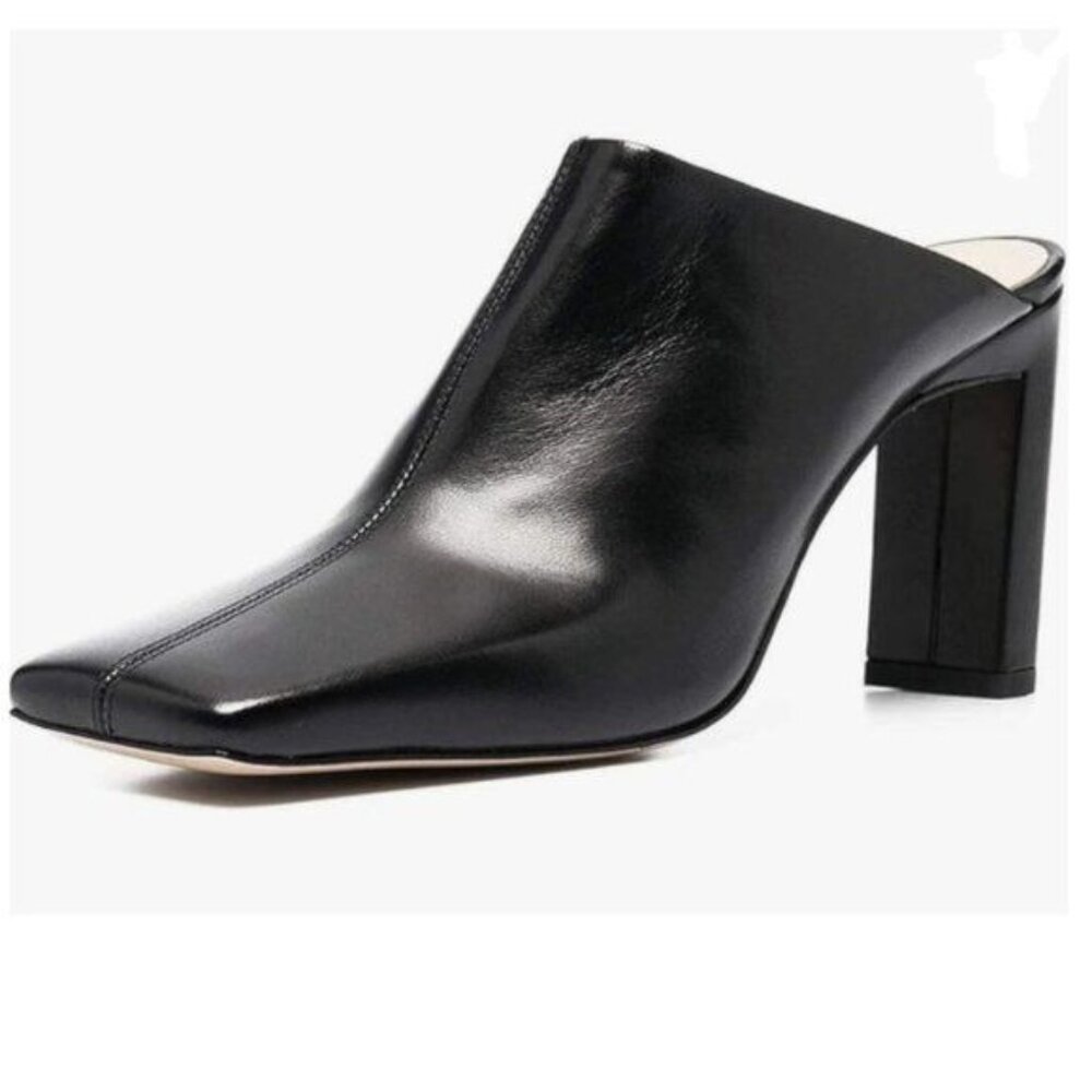 FSJ Black Squared Toe Mules Chunky High Heels Backless Sandals Summer Shoes